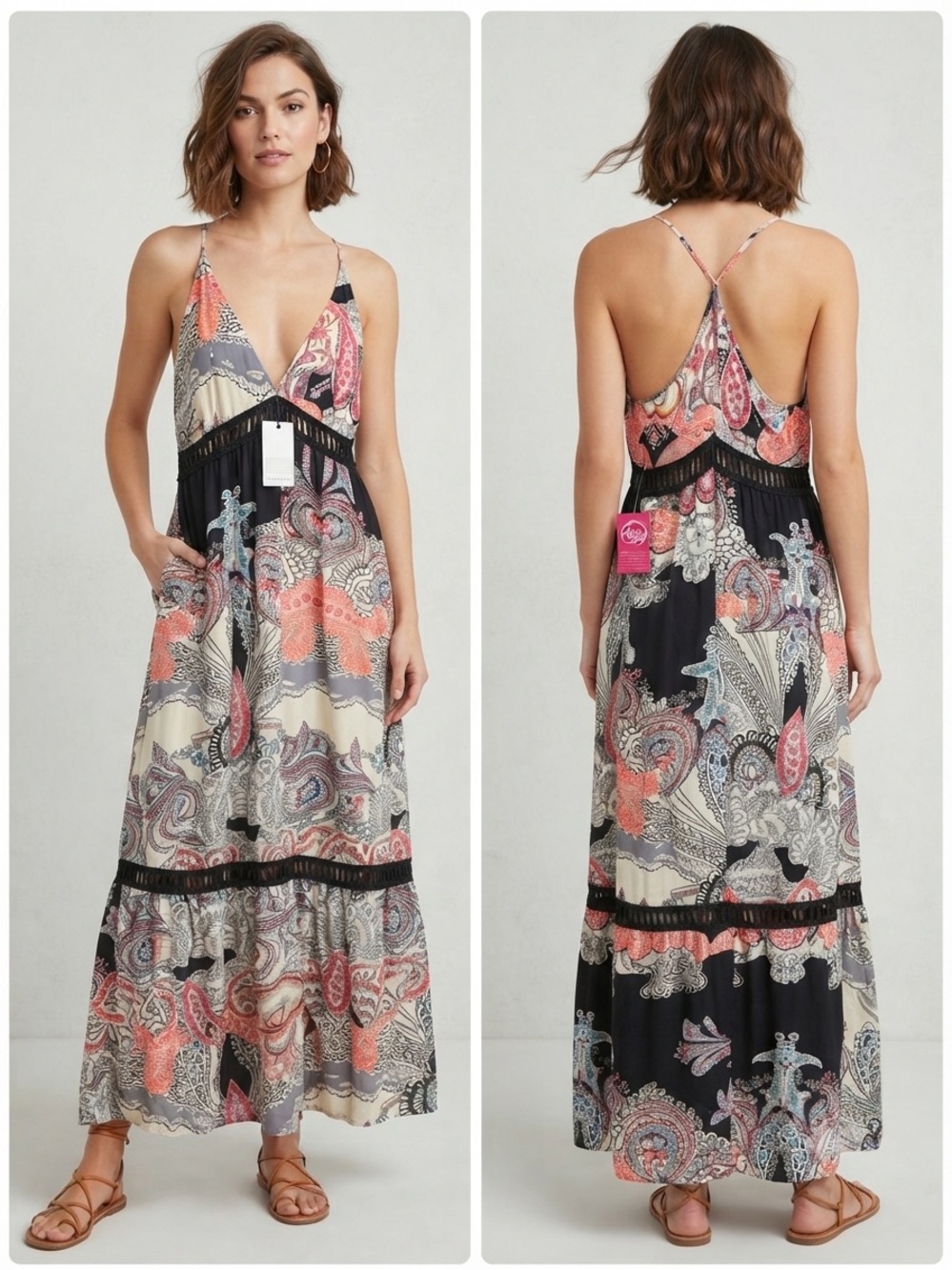 Women's Boho Paisley Maxi Dress Size Large Criss Cross Back New With Tags